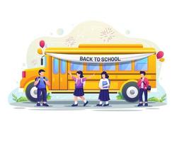 gelukkige kinderen gaan met de schoolbus naar school. vector illustratie