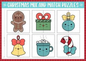 vector Kerstmis mengen en bij elkaar passen puzzel met schattig kawaii karakters. bij elkaar passen nieuw jaar partij werkzaamheid voor peuter- kinderen. leerzaam winter vakantie spel met ontbijtkoek, Cadeau, gekleurde bal