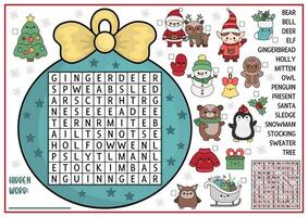 vector Kerstmis bal vormig woord zoeken puzzel voor kinderen. winter vakantie quiz voor kinderen. leerzaam werkzaamheid met kawaii symbolen. schattig nieuw jaar Engels taal kruis woord met de kerstman claus