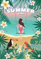 zomertijdkaart met een meisje op een schommel, strandlandschap vector