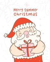 schattig zomer Kerstmis de kerstman claus met geschenk verstand horen opwarming glimlach. kawaii zomer Kerstmis vakantie tekenfilm tekening. chirstmas groet kaart vector