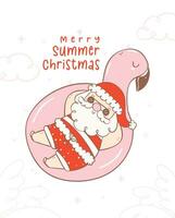 schattig zomer Kerstmis de kerstman claus zonnen Aan flamingo zwemmen ring, kawaii zomer Kerstmis vakantie tekenfilm doodl. seizoen van geven vector