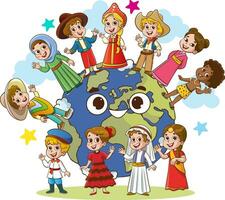 vector illustratie van cirkel van gelukkig kinderen verschillend rassen.multicultureel kinderen en wereld.