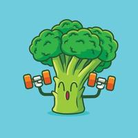 cartoon schattige groente broccoli training met halters. vector mascotte