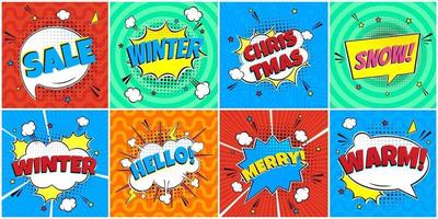 8 komische winterletters in de komische stijl van tekstballonnen. vector