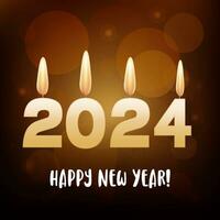 2024 nieuw jaar vakantie partij viering, groet kaart vector illustratie. 3d realistisch gouden nieuw jaar tekst en gouden kaarsen van 2024 nieuw jaar met confetti zijn brandend in de achtergrond.