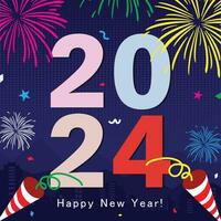 gelukkig nieuw jaar 2024 partij viering achtergrond met kleurrijk vuurwerk decoratie vector