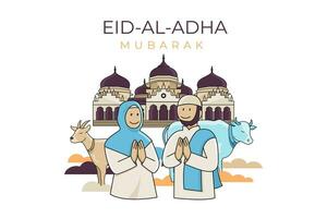gelukkig eid-al-adha mubarak met moslim paar Aan moskee achtergrond vector