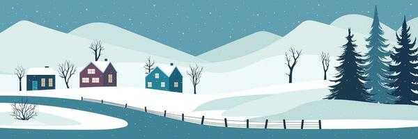 knus winter landschap. winter visie met pijnboom boom, huizen, boom en sneeuw in vlak stijl. vector illustratie.