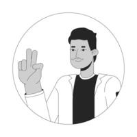 Indisch snor Mens vrede teken hand- zwart en wit 2d vector avatar illustratie. volwassen zuiden Aziatisch snor vent nemen selfie schets tekenfilm karakter gezicht geïsoleerd. vlak gebruiker profiel beeld