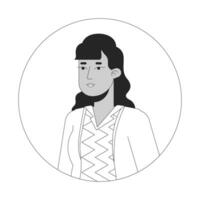 elegant volwassen Indisch vrouw poseren zwart en wit 2d vector avatar illustratie. zuiden Aziatisch vrouw werknemer gewoontjes schets tekenfilm karakter gezicht geïsoleerd. ontspannen staand vlak gebruiker profiel beeld