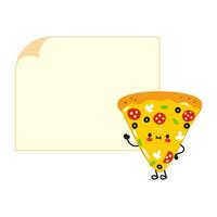 schattig grappig plak van pizza poster karakter. vector hand- getrokken tekenfilm kawaii karakter illustratie. geïsoleerd wit achtergrond. plak van pizza poster