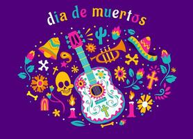 dia de los Muertos vakantie poster ontwerp met gitaar en voorwerp vector