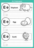 alfabet az oefening met cartoon woordenschat voor kleurboek vector