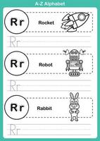 alfabet az oefening met cartoon woordenschat voor kleurboek vector