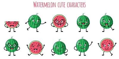 watermeloen fruit schattige grappige karakters met verschillende emoties vector