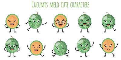 cucumis melo fruit leuke grappige karakters met verschillende emoties vector