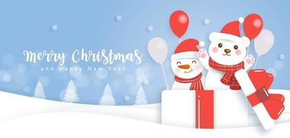kerstmis en gelukkig nieuwjaar banner met een schattige beer en sneeuwpop. vector