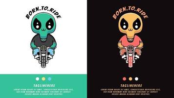 cartoon alien fietsen in retro stijl. illustratie voor t-shirt vector