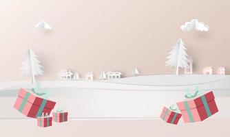 kerst evenement en stad sneeuw boom papier kunst achtergrond vector