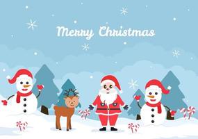 vrolijk kerstfeest, leuke cartoon santa claus achtergrond en vrienden vector