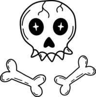 een hand getekend illustratie van een schedel en botten voor halloween. vector illustratie van een schedel en botten Aan een transparant achtergrond. zwart en wit illustratie.