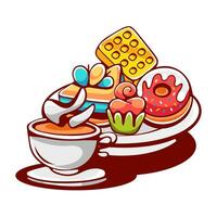 vector reeks van snoepgoed en koffie in tekenfilm stijl, wafels, donut, gebakje, taart.