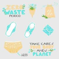 eco periode stickerpakket, nul verspilling periode, menstruatie vector illustratie reeks