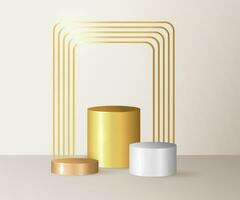 minimalistisch 3d winnaar achtergrond met gouden, zilver en bronzen podium. modern vector illustratie met drie leeg podia en rechthoekig gouden kader.