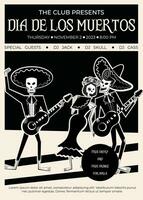 dag van de dood partij club poster. traditioneel dag van de dood symbolen - skelet mannetje en vrouw tekens gekleed in volk Mexicaans kostuums, mannen spelen gitaar, vrouw met ventilator zingen. vector