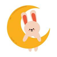 hand- tekening tekenfilm konijn met maan. schattig dier sticker met lucht element vector