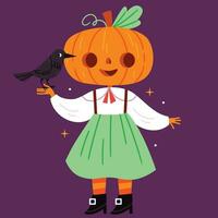 pompoen vogelverschrikker in een meisjes wijnoogst kleding Holding een kraai. halloween.pompoen vogelverschrikker in een meisjes wijnoogst kleding Holding een kraai. halloween. vector