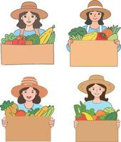 meisje in een rietje hoed houdt een doos van fruit en groenten in haar handen vector