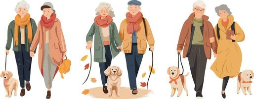 ouderen mensen in warm kleren wandelen met hond vector illustratie.