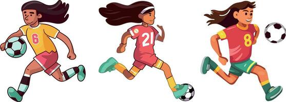 tekenfilm voetbal speler set. voetbal speler in actie, beweging en beweging. vector illustratie