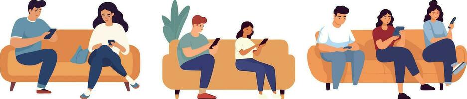 mensen zittend Aan sofa met smartphones en tabletten. vlak vector illustratie.