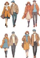 vector reeks van jong mensen in winter kleren. mannen en Dames in jassen, hoeden en sjaals.