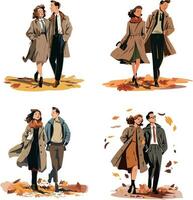 vector illustratie van herfst mode Dames en mannen in jassen wandelen in vallen bladeren.