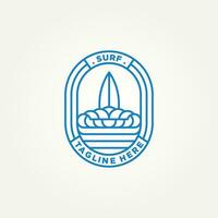 surfing minimalistische lijn kunst insigne logo sjabloon vector illustratie ontwerp. gemakkelijk modern surfer, water sport, surfboard embleem logo concept