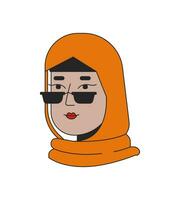 gen z hijab vrouw jong volwassen 2d lineair tekenfilm karakter hoofd. zonnebril meisje moslim geïsoleerd lijn vector persoon gezicht wit achtergrond. sjaal hijab mode kleur vlak plek illustratie