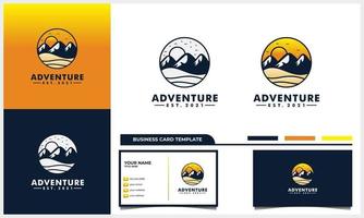 avontuur berg en zon logo concept en visitekaartjesjabloon vector