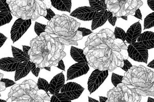 monochroom zwart en wit naadloos patroon met rozen en zwart bladeren Aan wit. hand- getrokken contour lijnen. bloemen behang ontwerp voor textiel, papier, afdrukken, mode, kleding stof, en kaart achtergrond. vector