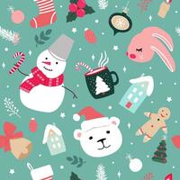 Kerstmis naadloos patroon met schattig konijntjes, sneeuwmannen, peperkoek Heren, Kerstmis bomen en sneeuwvlokken. modern gemakkelijk vlak vector illustratie.