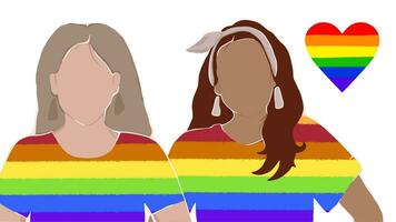 lesbienne paar gekleed in regenboog t-shirts. ondersteuning voor lgbt. menselijk rechten. poster, spandoek. vlak illustratie vector