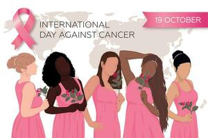 poster met roze lint en verschillend meisjes voor Internationale borst kanker dag in oktober. vector illustratie. eps 10 tegen