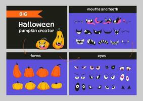 halloween pompoen Schepper. ontwerper van symbool van een oranje pompoen met divers ogen, neus- en glimlach. voor ontwerp uw eigen emoticons, stickers, partij uitnodigingen set. vector illustratie.