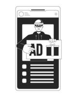 reclame fraude bw concept vector plek illustratie. roeping voor Klik Aan advertentie. smartphone 2d tekenfilm vlak lijn monochromatisch voorwerp voor web ui ontwerp. cybercriminaliteit bewerkbare geïsoleerd schets held beeld