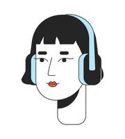 hoofdtelefoons Koreaans jong volwassen vrouw 2d lineair tekenfilm karakter hoofd. knap Aziatisch vrouw vervelend oortelefoons geïsoleerd lijn vector persoon gezicht wit achtergrond. ontspan kleur vlak plek illustratie