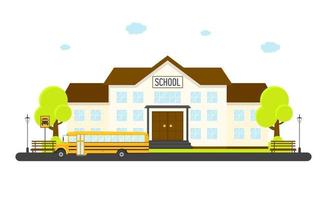 schoollandschap met geïsoleerde schoolbus, vectorillustratie vector