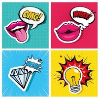 set lippen met pop-art in diamant- en gloeilampstijl vector